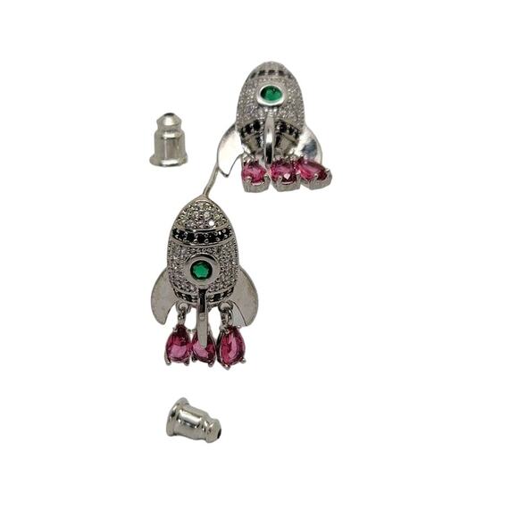 Cubic Zirconia Multicolor Retro Rocket Ship Stud Earrings - Picture 3 of 8